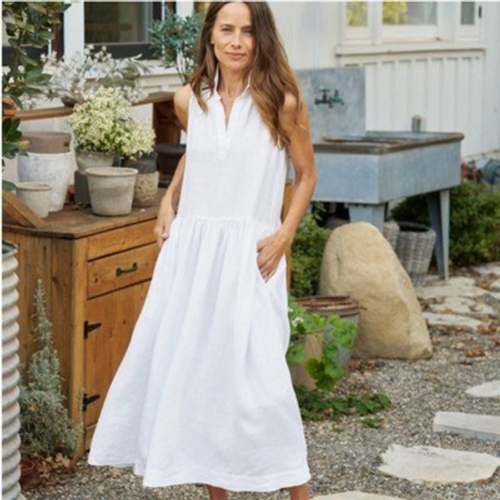 Frank & Eileen Daphne Sleeveless Shirtdress Linen Midi Women White Large (D4) - Picture 2 of 8